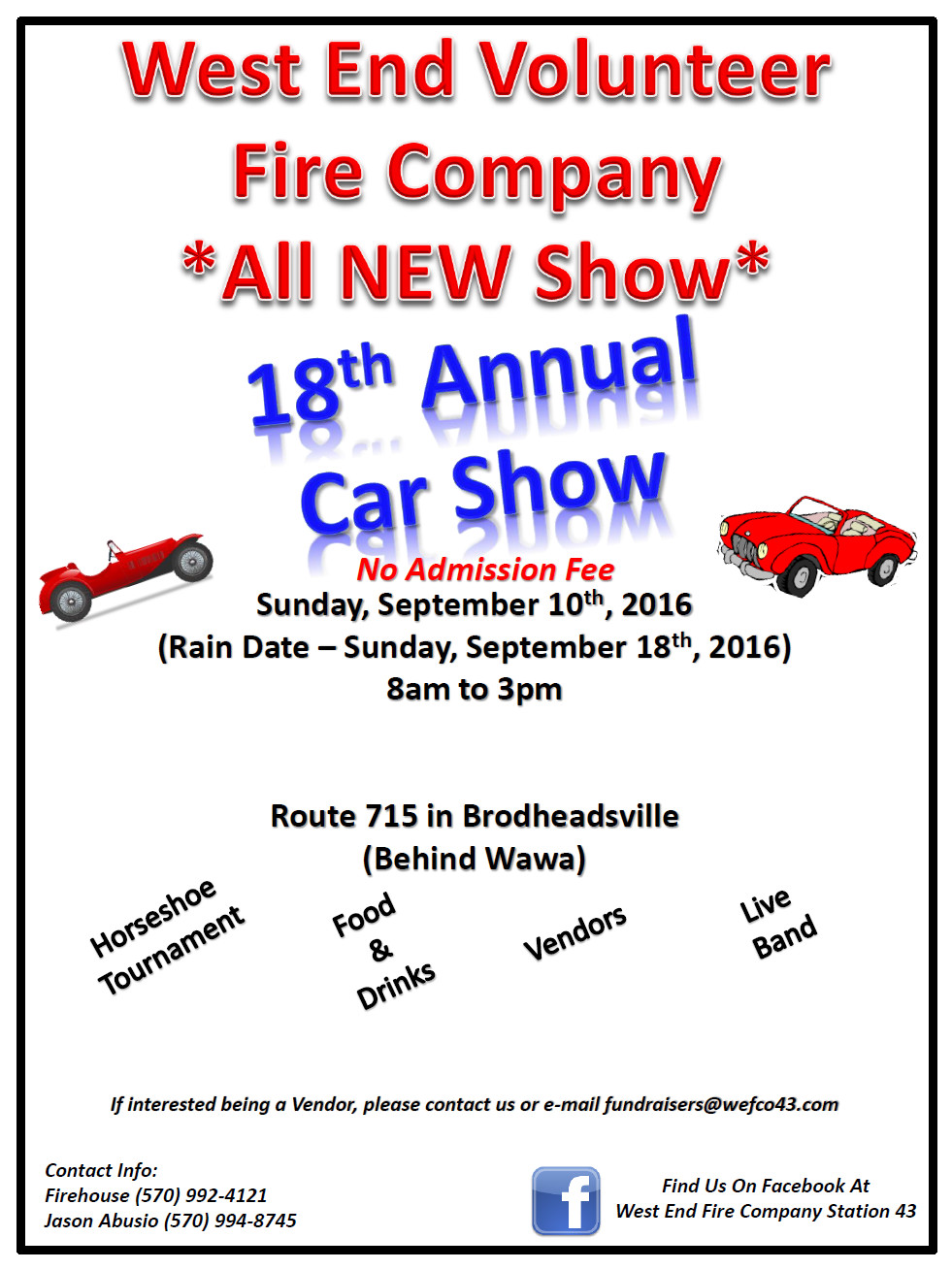 West End Volunteer Fire Co's 18th Annual Car Show September 10th 2016