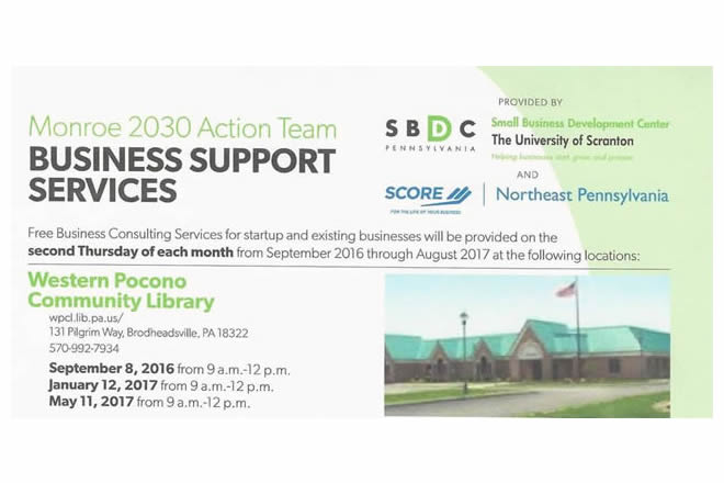 Small Business Development Center Consultants will be at the Western Pocono Community Library on Thursday, January 12, from 9:00 am until 12:00 pm