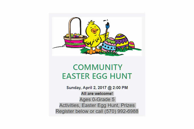 Community Easter Egg Hunt at the Zion United Lutheran Church April 2nd 2:00 pm Brodheadsville