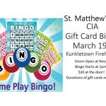 St. Matthew's UCC CIA Gift Card Bingo March 19th, 2017 1:00 pm