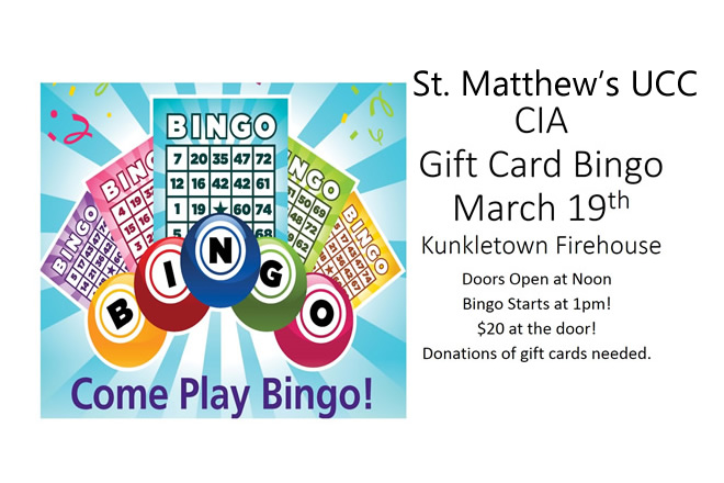 St. Matthew's UCC CIA Gift Card Bingo March 19th, 2017 1:00 pm