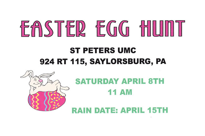 Community Easter Egg Hunt at St. Peter's UMC April 8th 11:00 am Saylorsburg