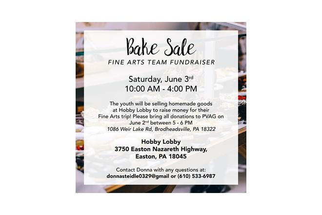 Hobby Lobby Bake Sale Fundraiser for Youth Fine Arts Team June 3rd, 2017 9 am to 4 pm