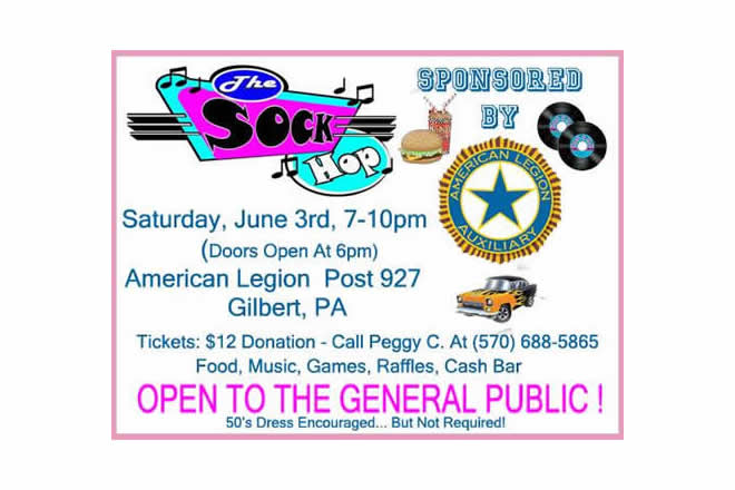 50's Sock Hop Dance Sponsored by the American Legion Post 927 Auxiliary June 3rd, 2017 7 pm to 10 pm