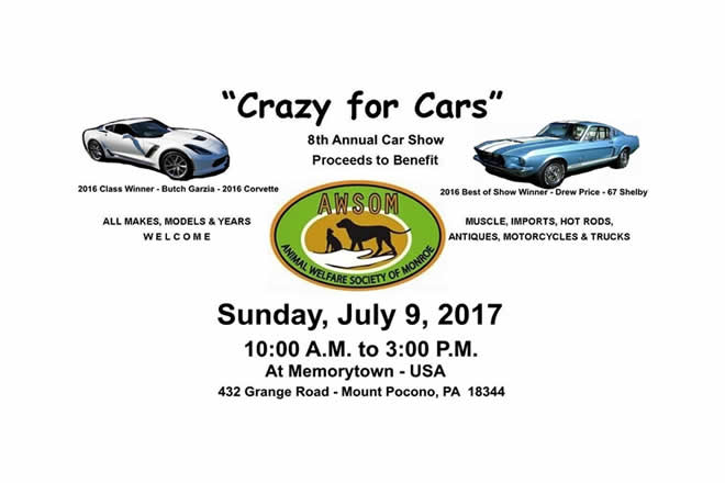 Crazy for Cars 8th Annual Car Show benefiting A.W.S.O.M. July 9th, 2017 10:00 am to 3:00 pm